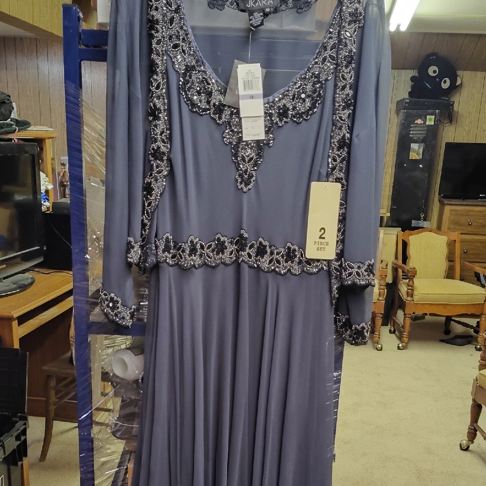 J Kara Beaded Long Sleeve Evening Gown in Dusty Blue